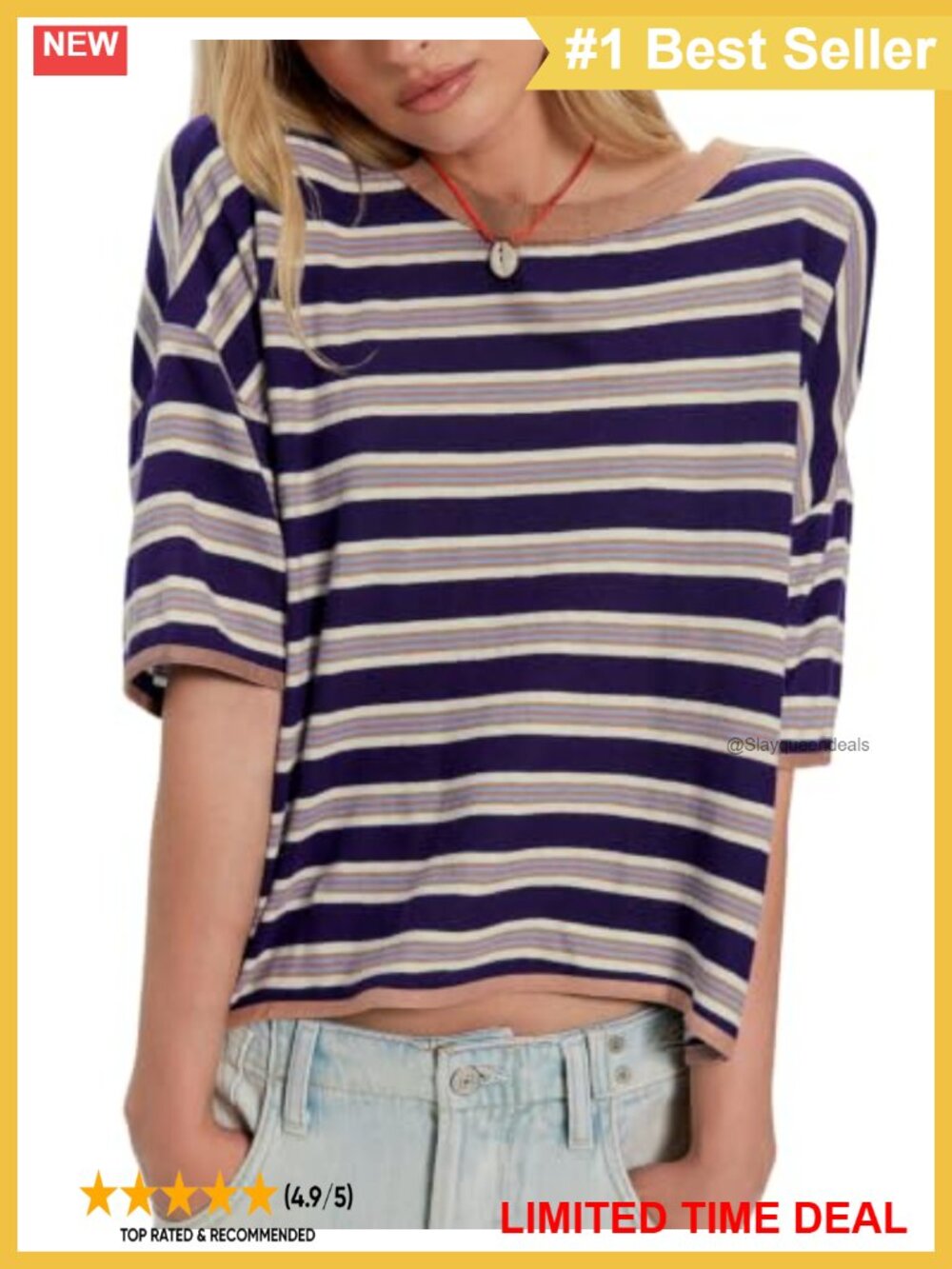 Oversized Boxy Striped Crop Tee Drop Shoulder Viscose Summer Top